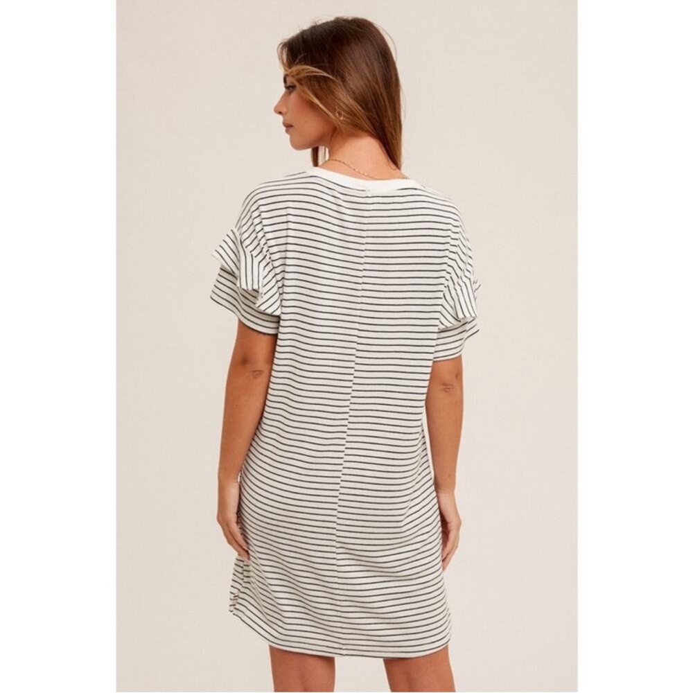 HT80 Hem & Thread STRIPE RUFFLE DETAIL SHORT SLEEVE T-SHIRT DRESS black white - Picture 2 of 4